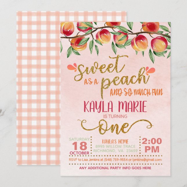 Söta som en Peach 1st Birthday-inbjudan - Gingham Inbjudningar (Fram/baksida)
