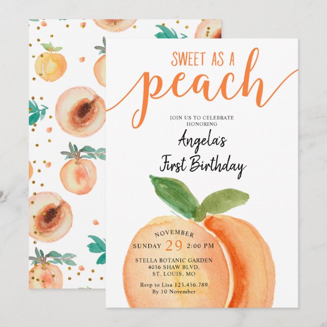 Söta som en Peach Girl första födelsedagen Inbjudningar (Fram/baksida)