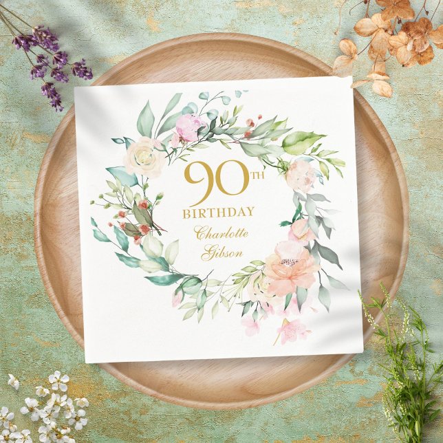 Söta sommarrosor girlang 90-årsdag pappersservett (Skapare uppladdad)