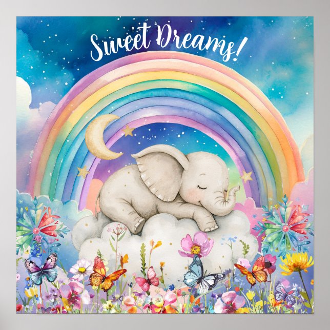 Söta söta drömmar blommig regnbåge & elefant poster (Framsidan)