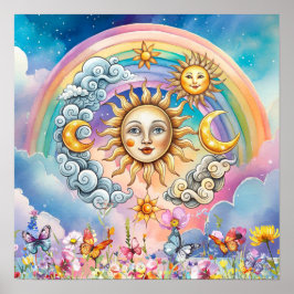 Söta söta drömmar blommig sol, stjärnor & måne  poster