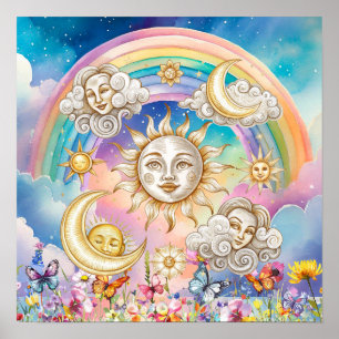 Söta söta drömmar blommig sol, stjärnor & måne poster