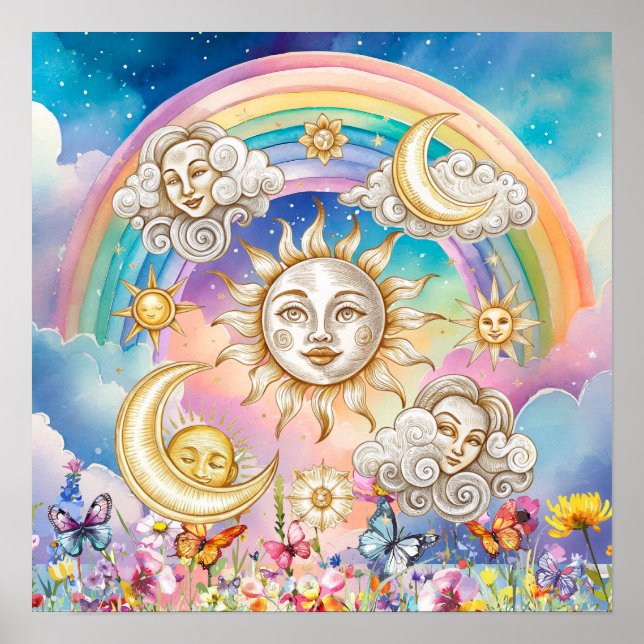 Söta söta drömmar blommig sol, stjärnor & måne  poster (Framsidan)
