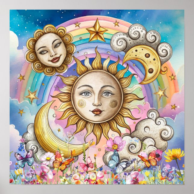 Söta söta drömmar blommig sol, stjärnor & måne  poster (Framsidan)