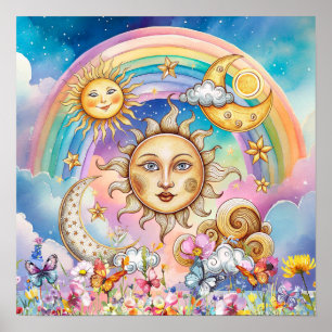 Söta söta drömmar blommig sol, stjärnor & måne poster