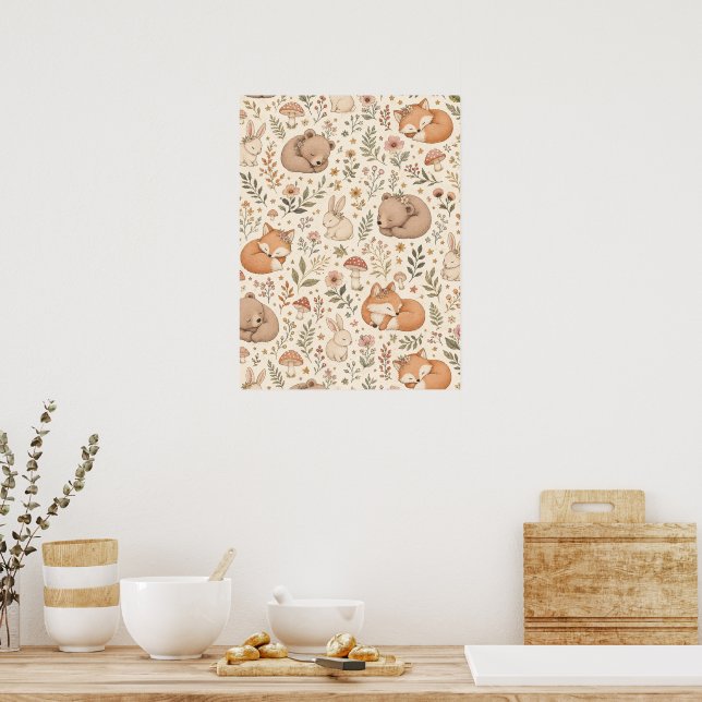 Söta sovande skogs djur Boho mönster (Räv,  Poster (Kök)