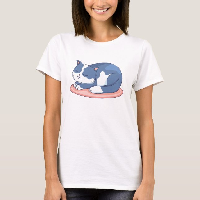 Söta sovande tecknade katt t shirt (Framsida)