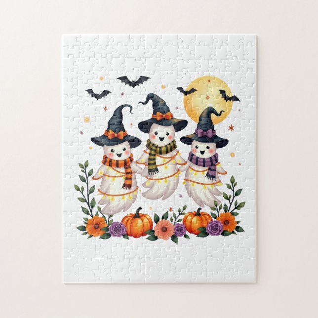 Söta spöken blommor pumpor fladdermöss Halloween b Pussel (Vertikal)
