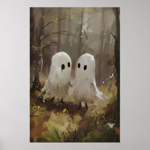 Söta spöken i höstskogens färger, mörkt poster