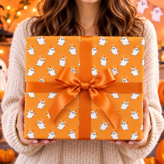 Söta spöken Orange Halloween-mönster Presentpapper (Skapare uppladdad)