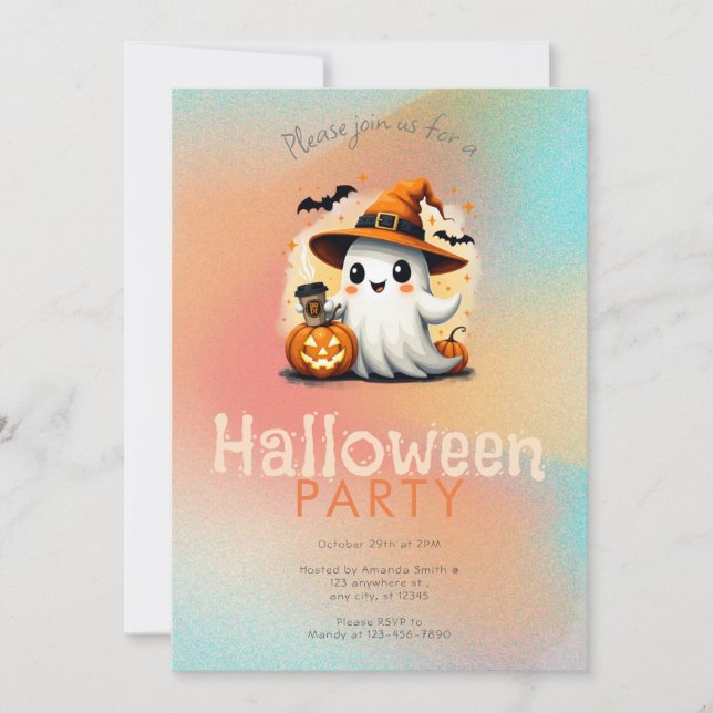 Söta spökhäxor hatt kaffe Halloween-fest Inbjudningar (Framsida)