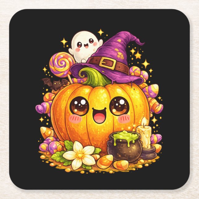Söta spökiga pumpa Halloween Kawaii underlägg Papper Kvadrat (Framsidan)