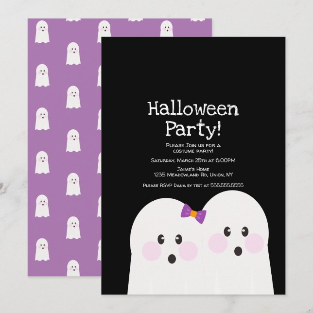 Söta spökpar Halloween-fest svart lila Inbjudningar (Fram/baksida)