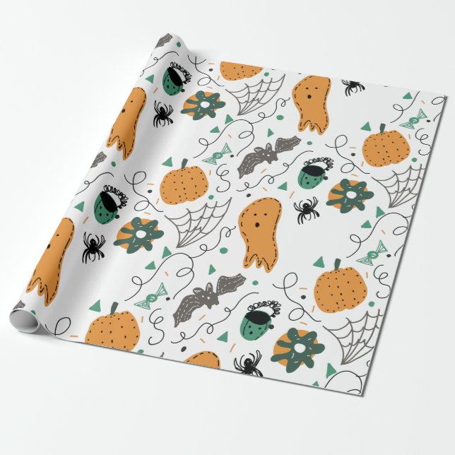 Söta spökpumpa Halloween doodle illustrationer Presentpapper (Utrullad)