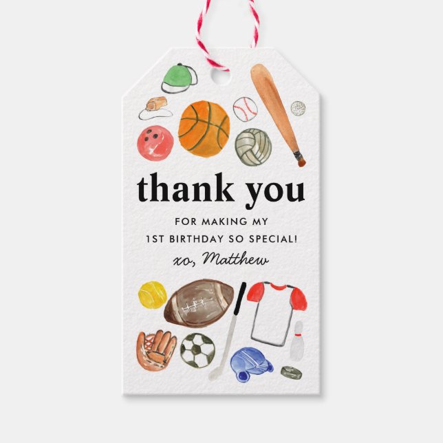 Söta sportbollar pojkar födelsedag tack presentetikett (Framsidan)