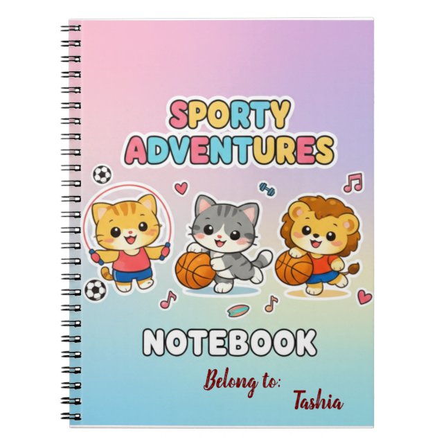 Söta sportiga djur Pastell Regnbåge Barn Anteckningsbok (Framsidan)