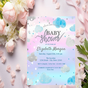Söta stjärnor & moln holografisk baby shower inbjudningar