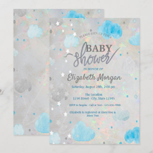 Söta stjärnor & moln holografisk opal baby shower inbjudningar