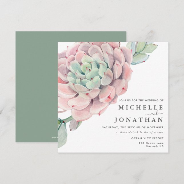 Söta Succulents Rosa Grönt bröllopsinbjudan Inbjudningar (Fram/baksida)