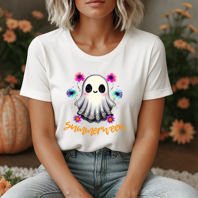 Söta Summerween-spöken neonblommor T Shirt (Cute Summerween Ghost Neon Flowers T-Shirt)