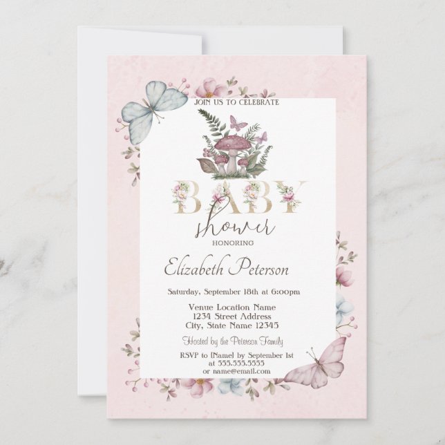 Söta svampar fjärilar Rosa baby shower Inbjudningar (Framsida)