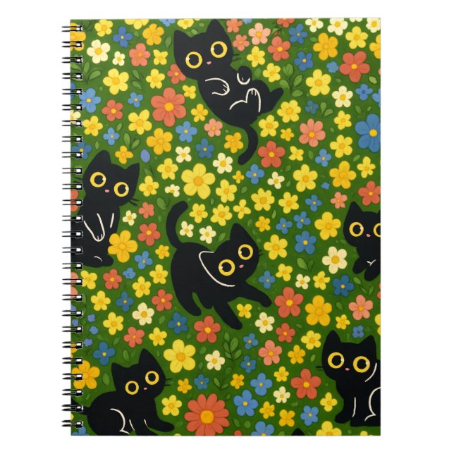 Söta svarta katters blomsterängsmönster anteckningsbok (Framsidan)