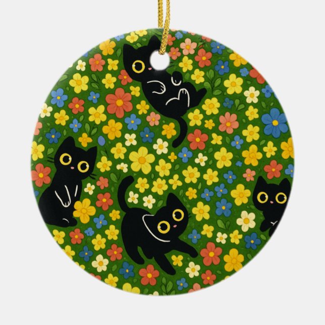 Söta svarta katters blomsterängsmönster julgransprydnad keramik (Framsidan)
