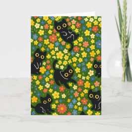 Söta svarta katters blomsterängsmönster kort