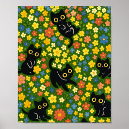 Söta svarta katters blomsterängsmönster poster
