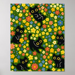 Söta svarta katters blomsterängsmönster poster