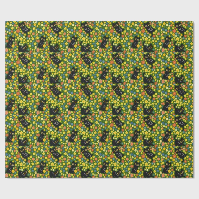 Söta svarta katters blomsterängsmönster presentpapper (Platt)
