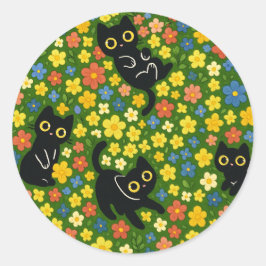 Söta svarta katters blomsterängsmönster runt klistermärke