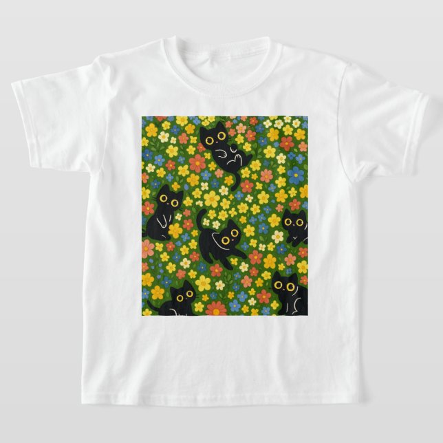 Söta svarta katters blomsterängsmönster t shirt (Laydown)