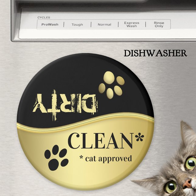 Söta svarta kattklor Rena Smutsiga diskmaskin  Magnet (Clean-dirty dishwasher magnet featuring cute cat paws on gold and black.)
