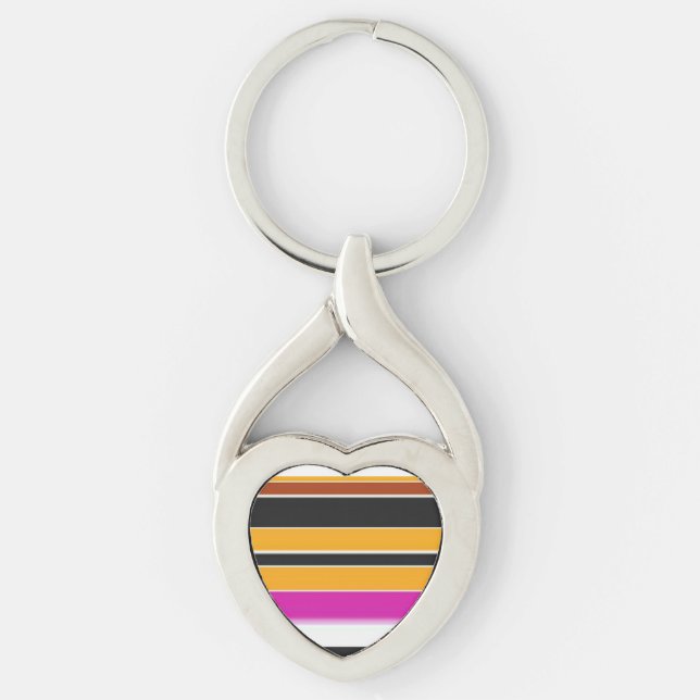 Söta svarta orangea ränder twisted heart silverfärgad nyckelring (Framsidan)