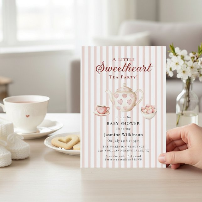 Söta Tea Party Rosa Randig Barnkalas Invitation Inbjudningar (Skapare uppladdad)