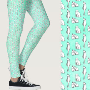 Söta Teal Katter Whimsical Mönstrat Leggings