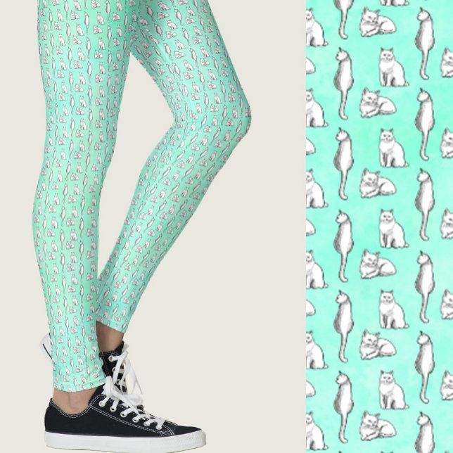 Söta Teal Katter Whimsical Mönstrat Leggings (Skapare uppladdad)