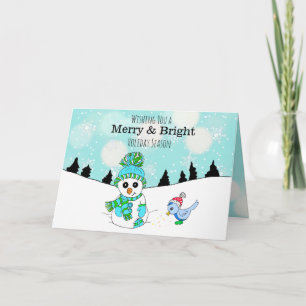 Söta Teal Snögubbe och fågelvinterdagen jul Kort
