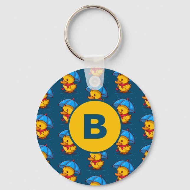 Söta tecknade ankor under paraplyer Monogram Nyckelring (Framsida)
