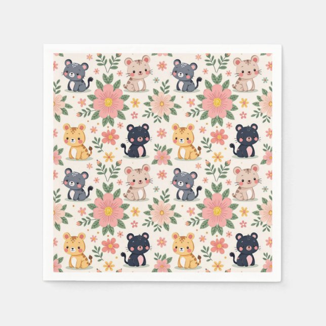 Söta Tecknade Djungelkatter och Blommor Pappersservett (Framsidan)