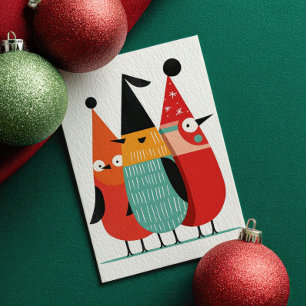 Söta Tecknade Fåglar Retro God Jul Foto Helgkort