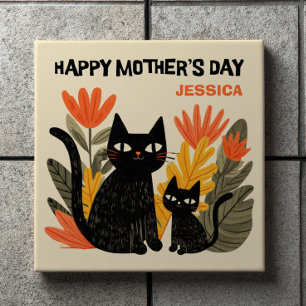 Söta Tecknade Svarta Katter Blommig Glad Mors Dag Kakelplatta