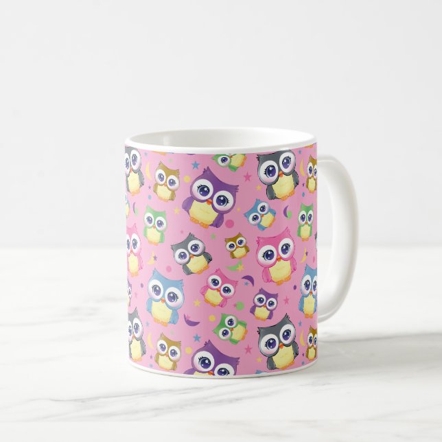 Söta Tecknade Ugglor Natt Himmel Måne Stjärnor på  Kaffemugg (Framsida höger)