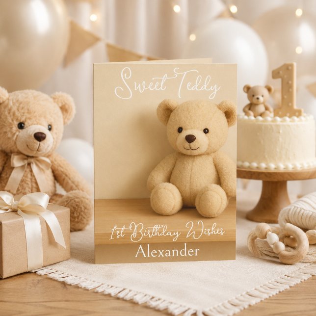 Söta Teddy 1-års födelsedagsönskningar  Kort (Skapare uppladdad)