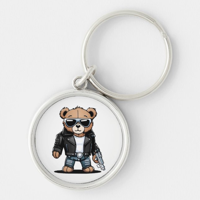Söta Teddy-mem Rund Silverfärgad Nyckelring (Framsidan)