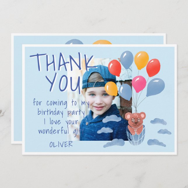 Söta Teddybjörn Ballonger Barn Födelsedagsfoto Tack Kort (Fram/baksida)