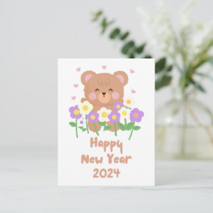 Söta teddybjörn blommor nyår vykort