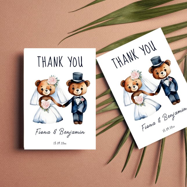 Söta teddybjörnar brudpar tack för bröllopet kort (Cute whimsical funny teddy bears dressed as bride and groom wedding thank you card template)