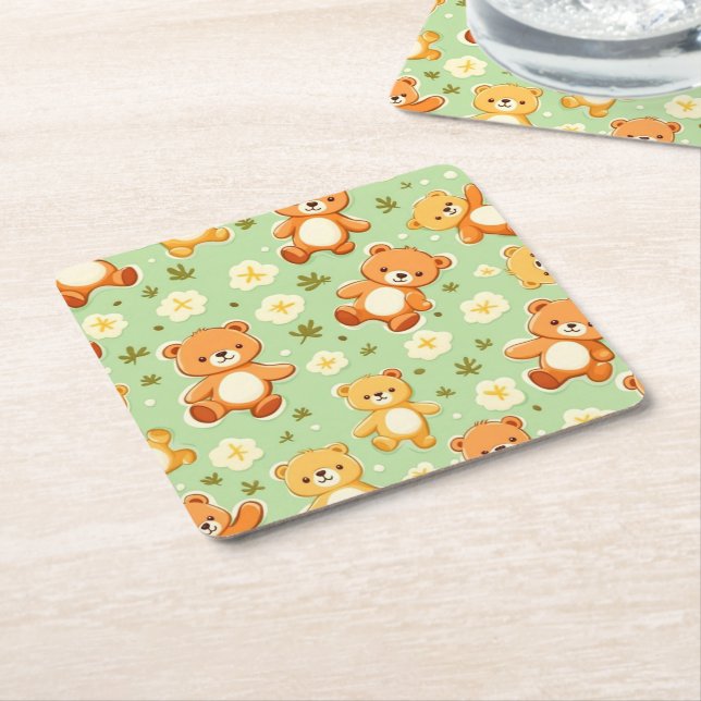 Söta teddybjörnar och blad mönster grön underlägg papper kvadrat (Vinklad)